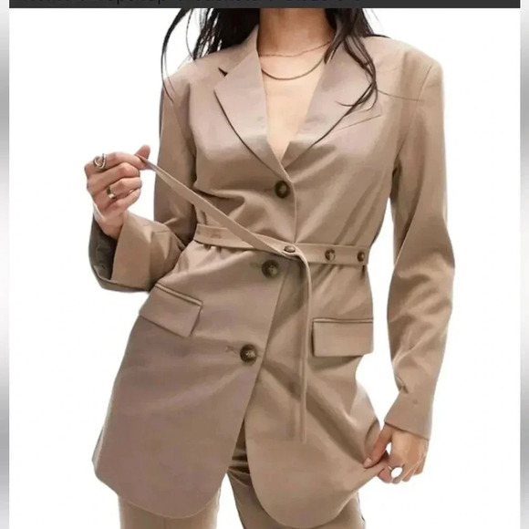 Topshop NWT Belted Waist Long Blazer Tan Size 6 - Picture 1 of 15